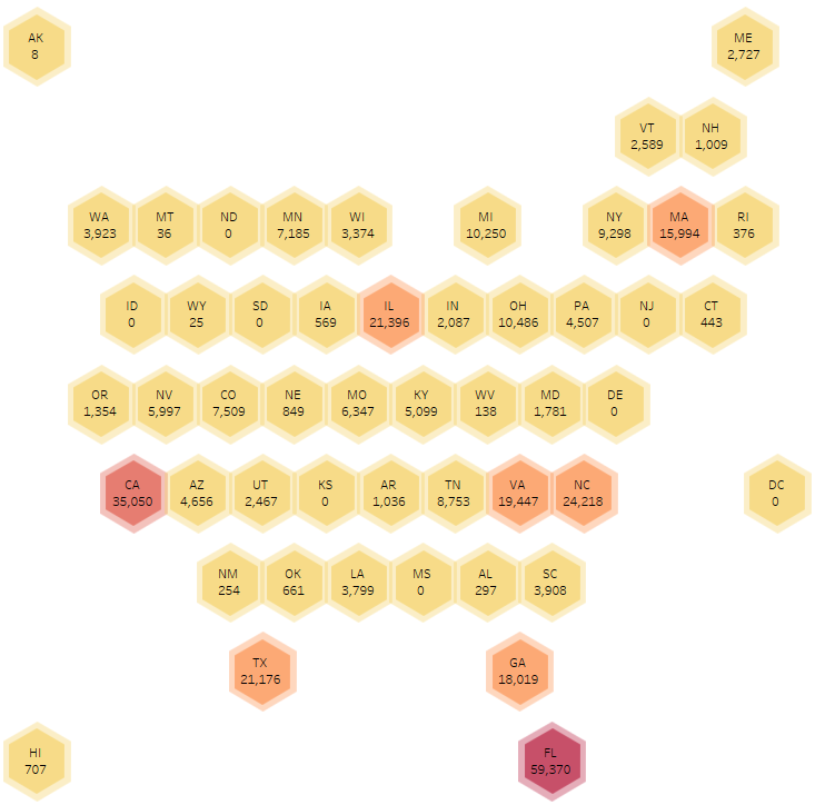 **Figura 1:** **[Voli frequenti:](https://public.tableau.com/app/profile/seyma.kalay/viz/HexMap_16738875620310/HexMap3)** Se il hexagon e piu scuro allora i numeri di voli e piu ellavato.